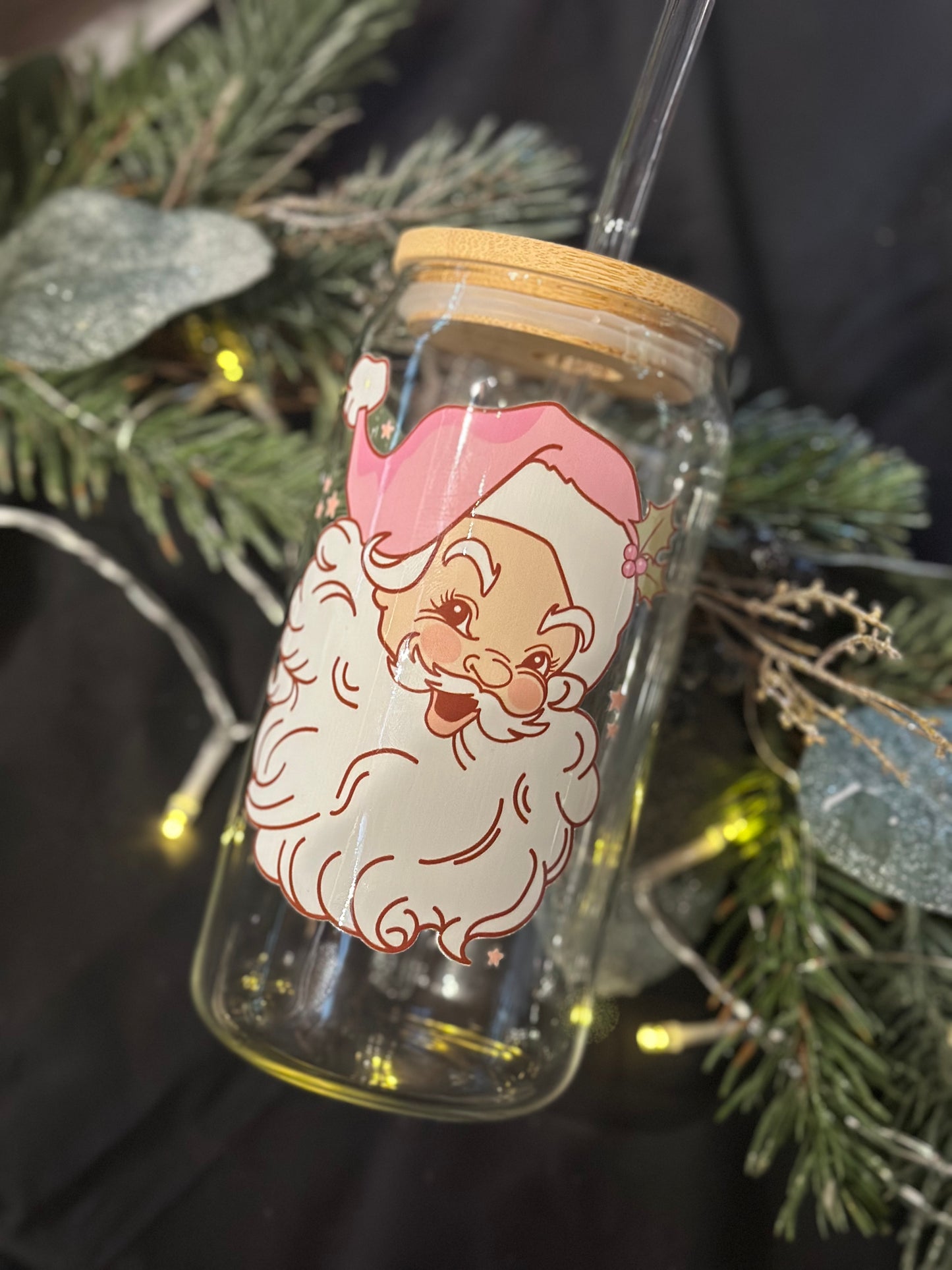 Vintage Pink santa Glass Cup