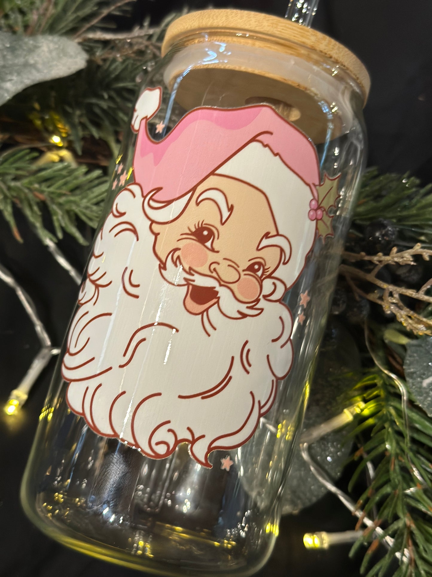 Vintage Pink santa Glass Cup